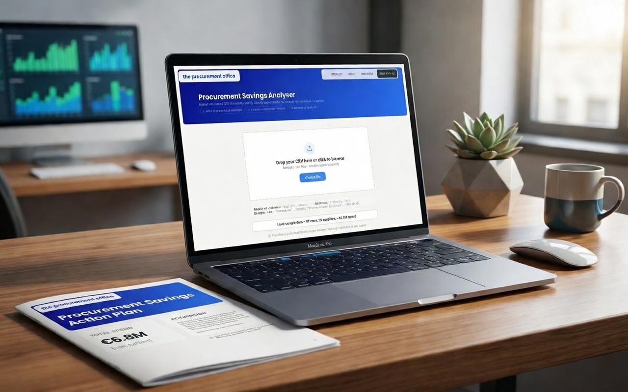 Procurement Savings Analyser — laptop with spend analyser and printed action plan